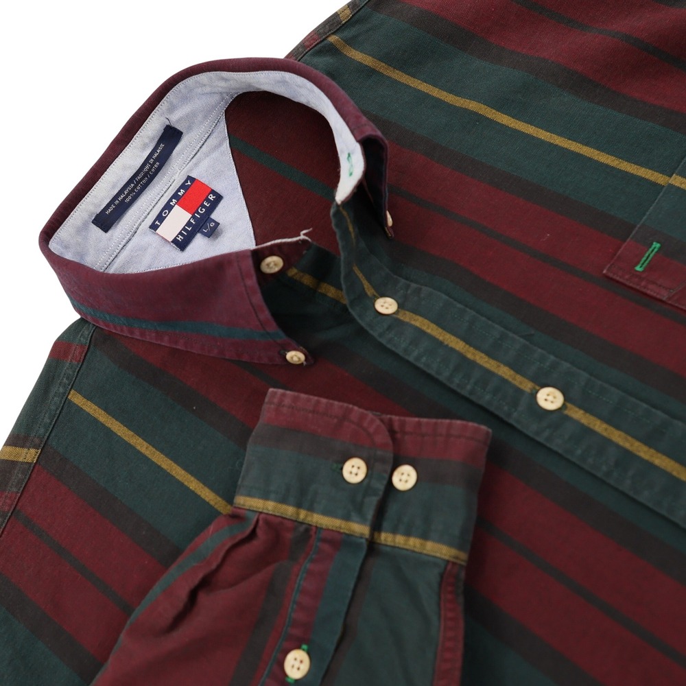 Tommy Hilfiger Mens Large Vintage Striped Button Down Shirt Green Burgundy Crest